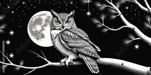   Black and white image of an owl perched on a branch under the full moon and starry sky