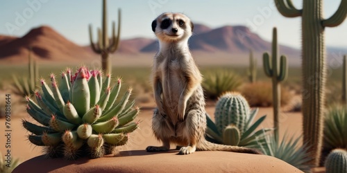  A meerkat standing atop a rock amidst cacti and cactus plants