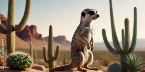  A meerkat stands tall in front of a cluster of cacti in the arid land