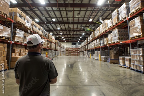 A man in a warehouse overseeing the organization of boxes on the floor to ensure smooth logistics operations