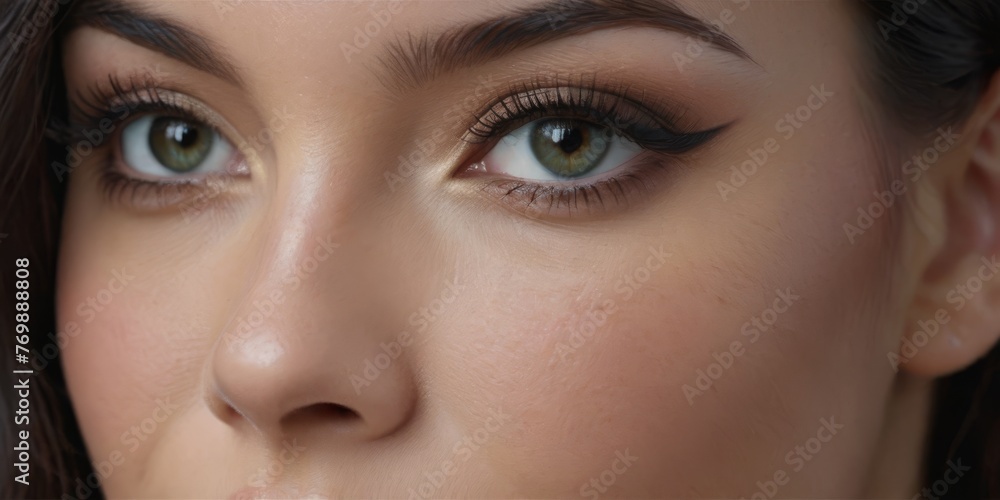 Fototapeta premium A woman with long black hair and blue eyes, wearing eyeliner
