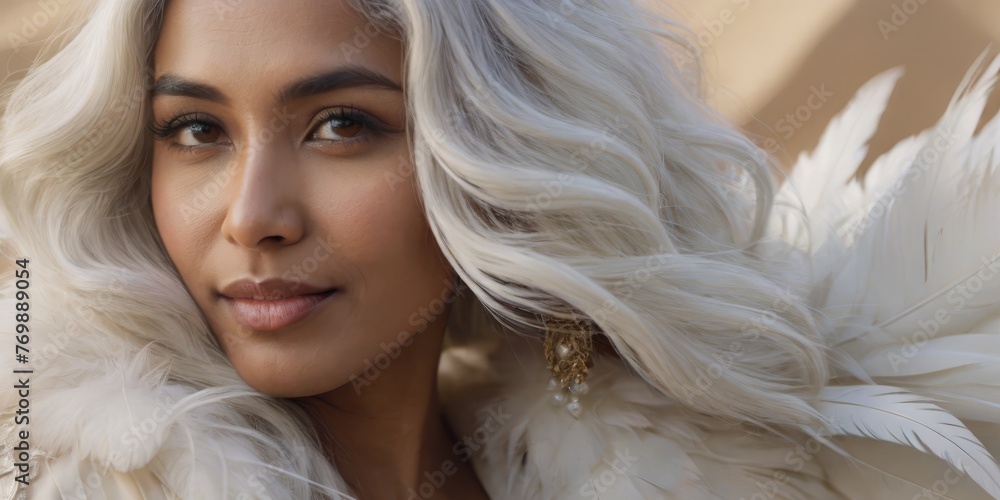 A close-up photo of a woman with long white hair and a fur coat adorned with feathers on her head A close-up photo of a woman with long white hair and a fur coat adorned with feathers on her head