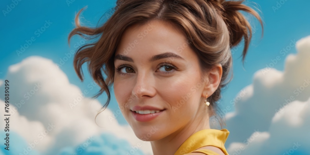 A close-up of a person wearing a yellow shirt against a blue sky with clouds in the background, along with a painting of a woman's face A close-up of a person wearing a yellow shirt against a blue sky with clouds in the background, along with a painting of a woman's face