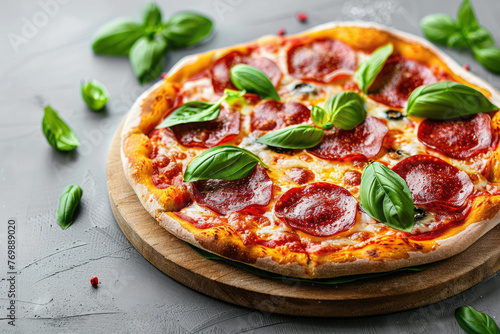 Pepperoni Pizza Topped with Basil Leaves on a Gray Background