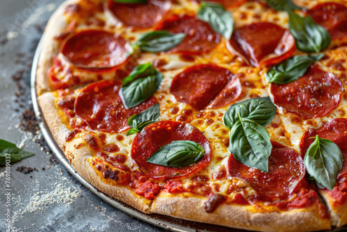 Pepperoni Pizza Topped with Basil Leaves on a Gray Background