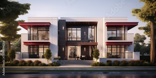 A stylish duplex home exterior with white and ruby accents, transitioning into a modern living room oasis filled with luxurious furnishings, contemporary decor, and a warm, inviting ambiance.