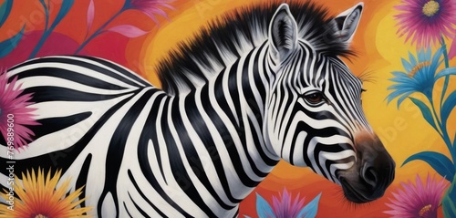   A zebra stands before a colorful backdrop with daisies dotting the foreground