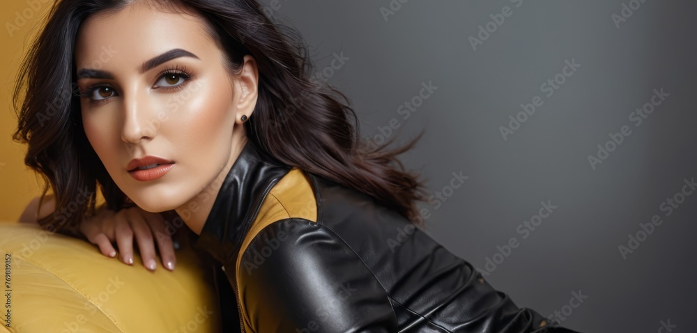 A woman sitting on a yellow couch with one arm behind her A woman sitting on a yellow couch with one arm behind her