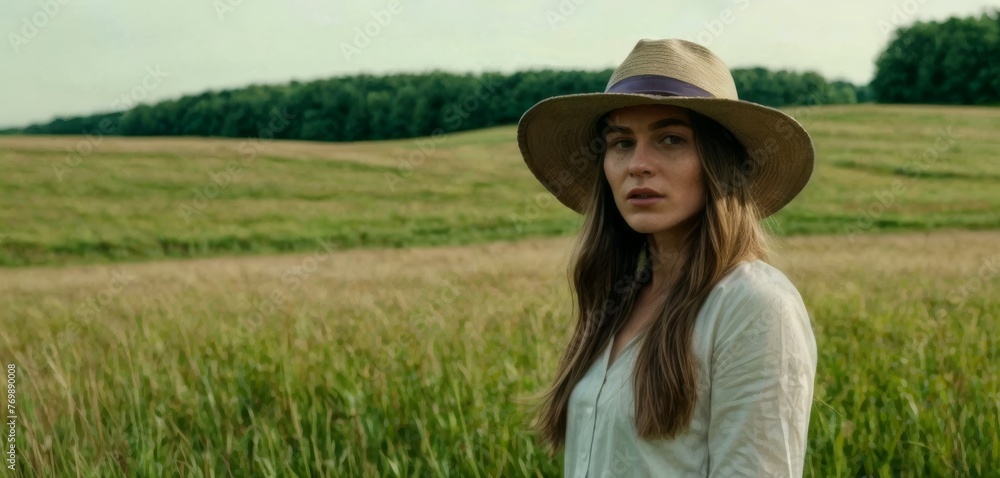 A woman stands amidst a field of towering blades, her wide-brimmed hat casting shade as she gazes at the swaying trees behind her A woman stands amidst a field of towering blades, her wide-brimmed hat casting shade as she gazes at the swaying trees behind her