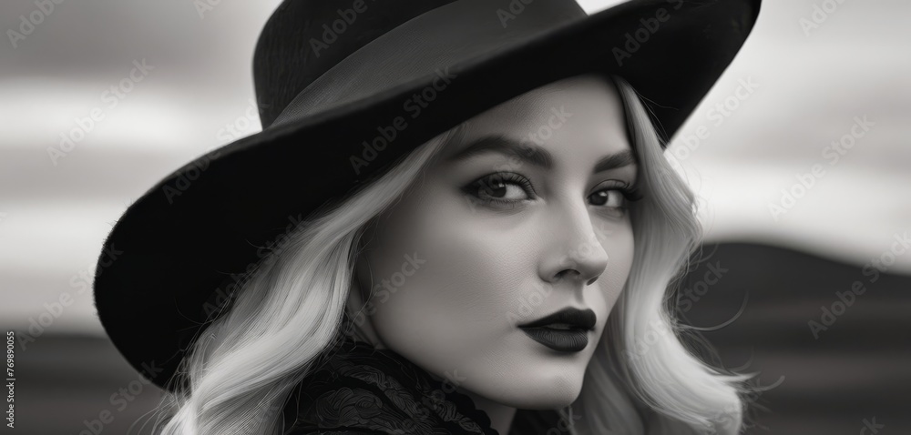 Black-and-white photograph of woman with long blonde hair in a black hat on a black dress shirt Black-and-white photograph of woman with long blonde hair in a black hat on a black dress shirt