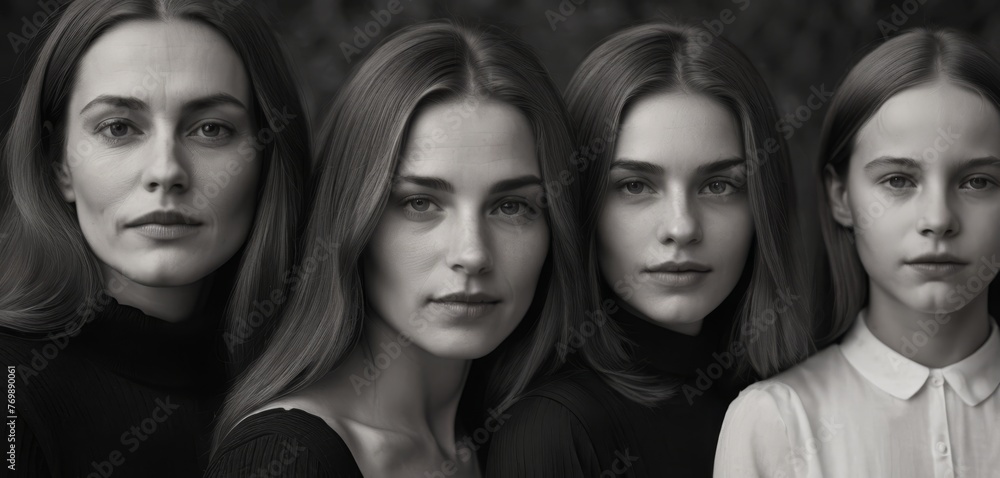   A group of women stand beside each other in front of a grayscale portrait of a woman's face