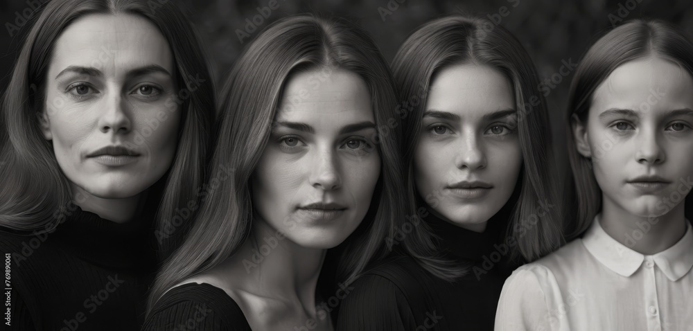 A group of women stand beside each other in front of a grayscale portrait of a woman's face A group of women stand beside each other in front of a grayscale portrait of a woman's face