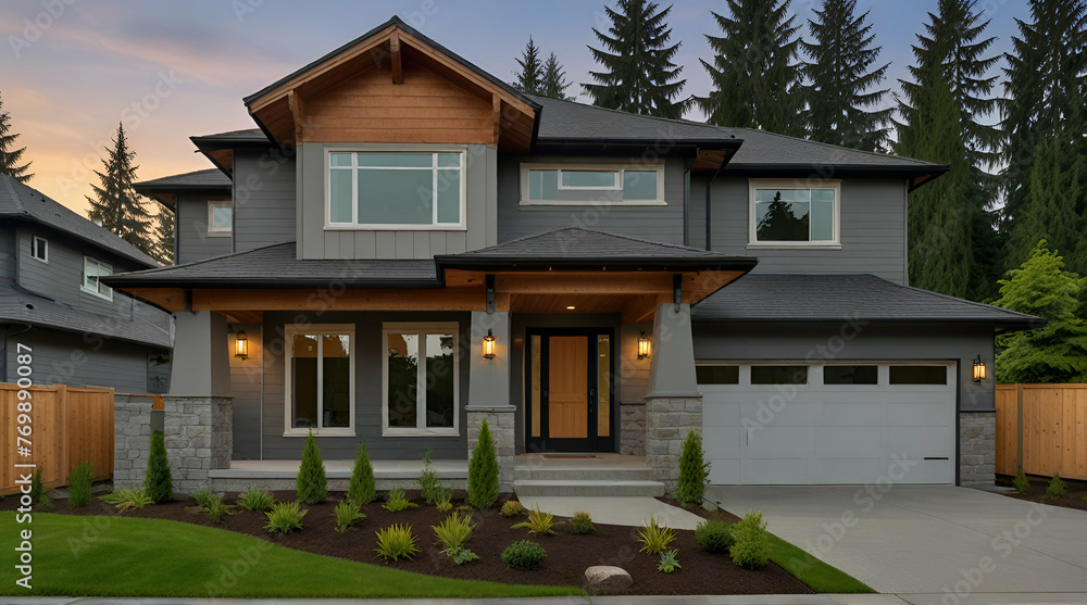 Luxurious new construction home in Bellevue, WA. Modern style home boasts two car garage framed by blue siding and natural stone wall trim. Generative AI