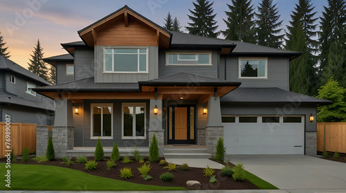 Luxurious new construction home in Bellevue, WA. Modern style home boasts two car garage framed by blue siding and natural stone wall trim. Generative AI © adan