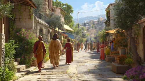 People walking down the street  a biblical painting  flowers blooming  the old town.