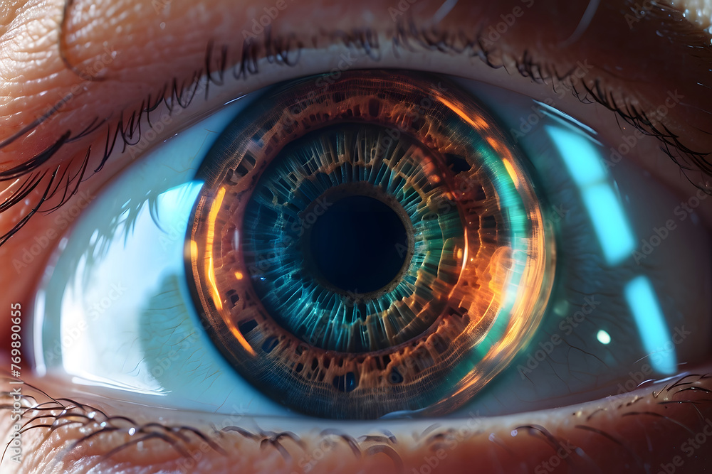Allogram Vision closeup of a human eye with virtual hologram elements for surveillance ...