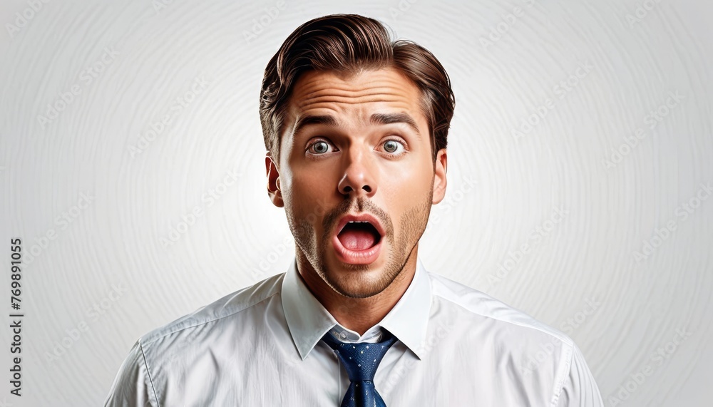 A shocked man in a shirt and tie with an open mouth and surprised expression A shocked man in a shirt and tie with an open mouth and surprised expression