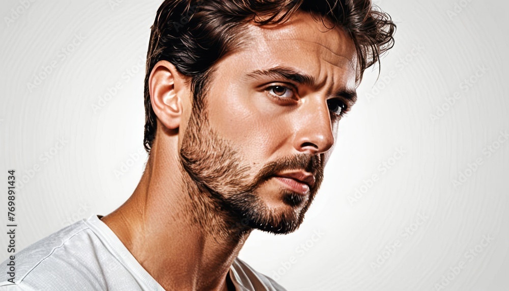 Obraz premium A man with a beard wears a white T-shirt while gazing away