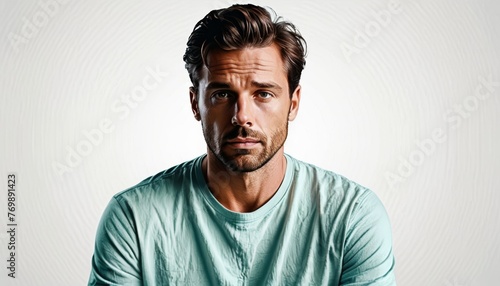  A close-up image of a man in a green shirt, with a serious expression as he looks towards the lens © Viktor
