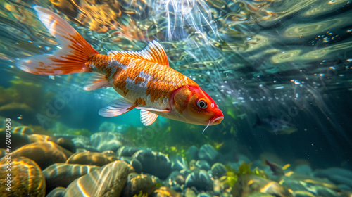Vibrant red koi gracefully swimming in crystal clear waters the sunlight casting dynamic patterns of light and shadow