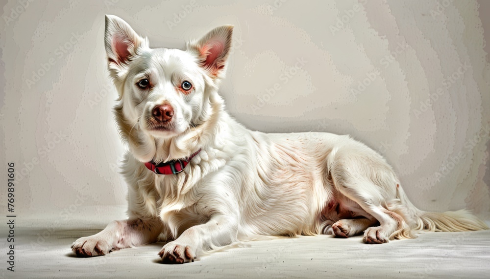   White dog on white surface, red collar, light background