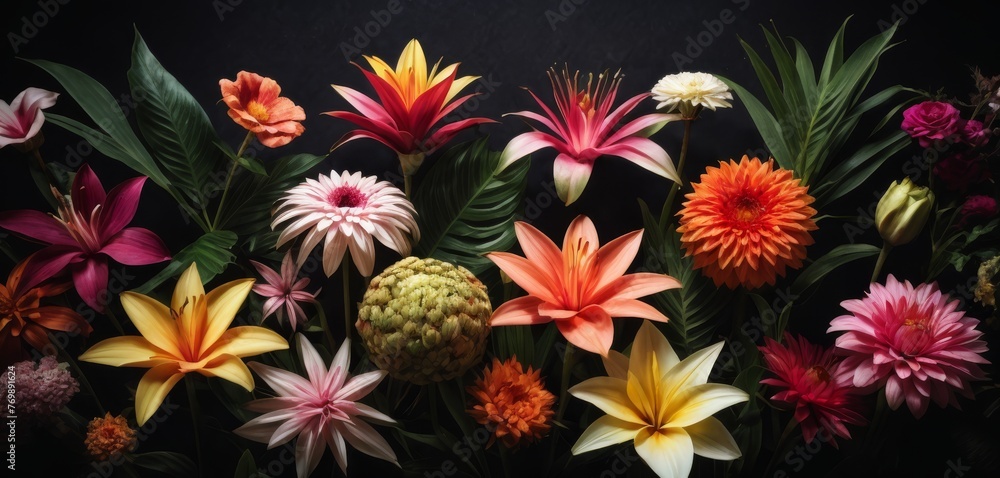 A close-up of a bouquet of flowers with vivid leaves and petals arranged at the base of the photo A close-up of a bouquet of flowers with vivid leaves and petals arranged at the base of the photo