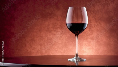   A glass of red wine sits on a table with a red wall in the background of the room