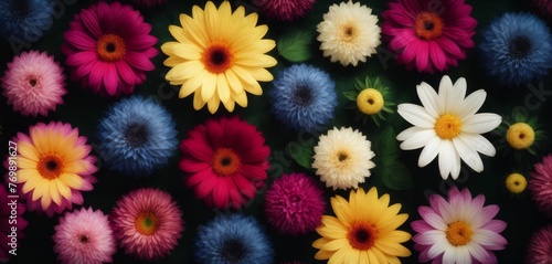   A close-up of various colored flowers surrounded by more flowers in the center of the frame  with one prominent flower standing out in the middle