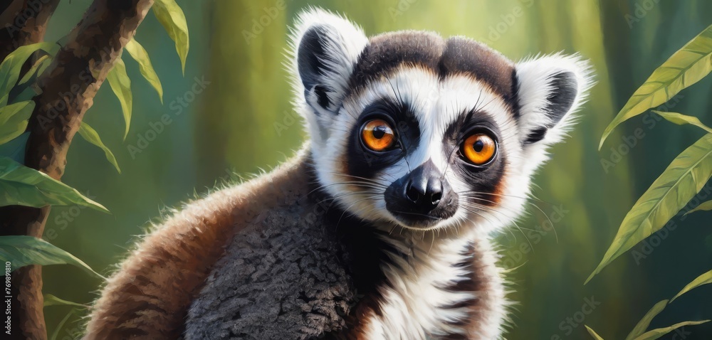 Obraz premium A painting of a brown and white lemur with an orange-eyed gaze on its face