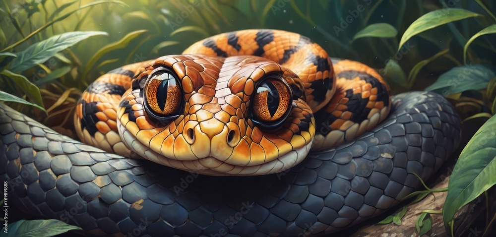 Fototapeta premium A detailed image of a snake resting atop a leaf-covered surface, with its eyes wide open and its head positioned centrally within its body