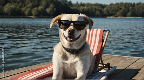 dog with sunglasses taking it easy on a deck chair by .Generative AI