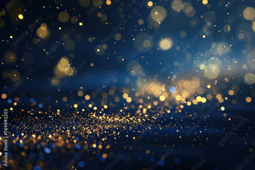 Obraz premium An abstract background featuring dark blue and golden particles. Christmas golden light shines. ai generative