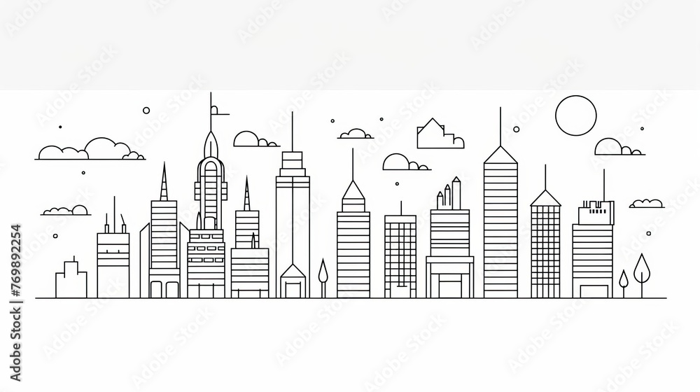 A minimalist line art illustration of a cityscape skyline with clean, simple shapes and negative space