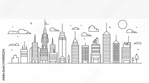 A minimalist line art illustration of a cityscape skyline with clean, simple shapes and negative space