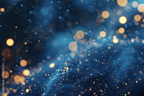 An abstract background featuring dark blue and golden particles. Christmas golden light shines. ai generative
