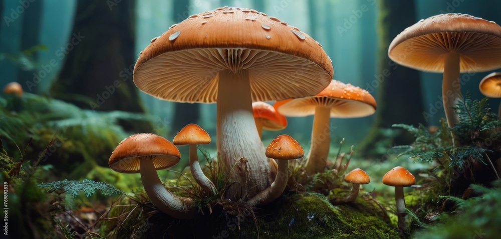 Fototapeta premium A cluster of fungi perched atop a verdant woodland adorned with abundant foliage and mossy soil