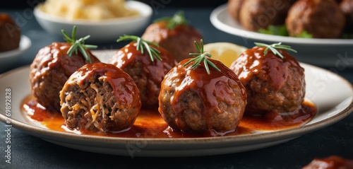   A plate of meatballs smothered in marinara sauce and sprinkled with fresh rosemary