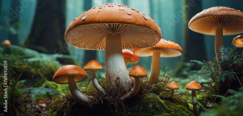  A cluster of fungi perched atop a verdant woodland adorned with abundant foliage and mossy soil