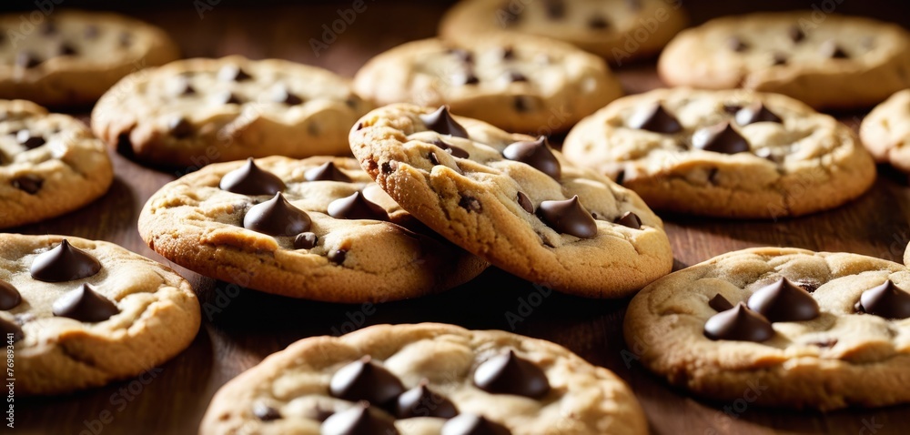   A wooden table with a stack of chocolate chip cookies on it, beside another pile of chocolate chip cookies