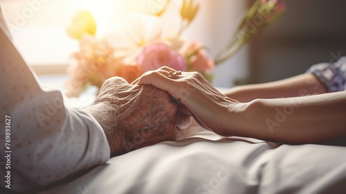 Close view of patient and spouse hands intertwined, bedside, soft lamp light, love and support