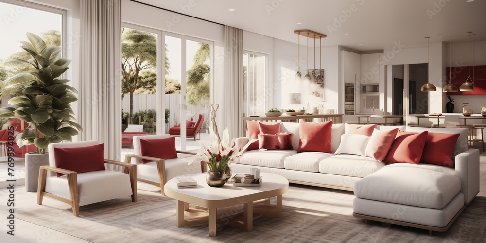 A stylish duplex home exterior with white and ruby accents, transitioning into a modern living room oasis filled with luxurious furnishings, contemporary decor, and a warm, inviting ambiance.