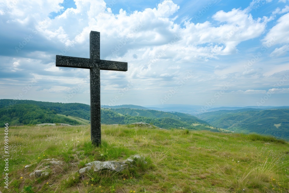 christian catholic cross on the hills. ai generative