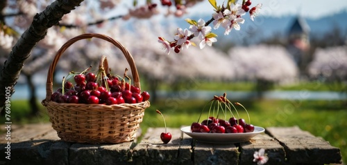   A basket of cherries on a wooden table with a bowl and plate of cherries nearby