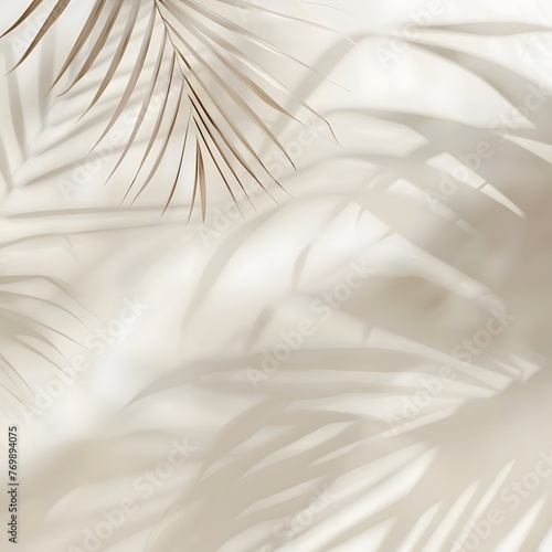 Minimalist and sophisticated summer spring background with a blurred shadow from palm leaves on a light cream wall, showcasing the serene and tranquil atmosphere of the season.