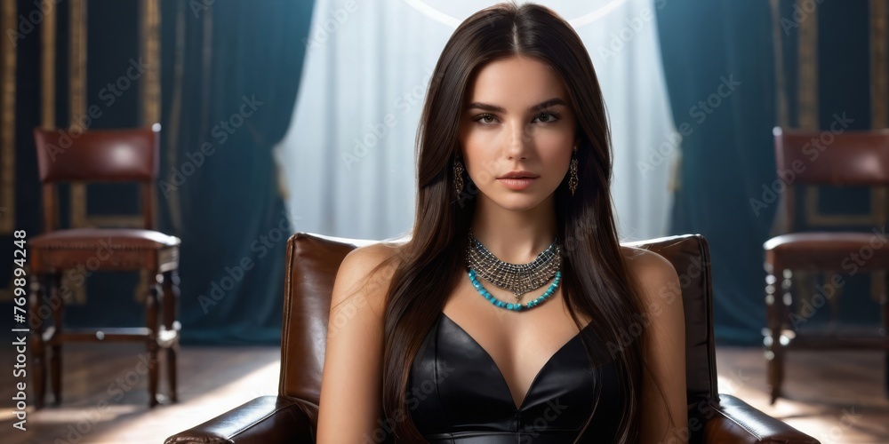 A woman in a black dress is seated in a chair, adorned with a necklace and earrings A woman in a black dress is seated in a chair, adorned with a necklace and earrings