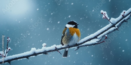  A bird perched on a snow-covered tree branch, surrounded by falling snowflakes