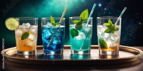  Tray with 3 glasses  different drinks  lime   mint garnish