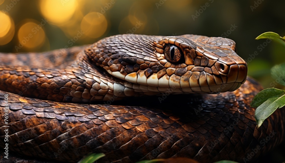 A detailed photo of a snake's face perched on a leafy branch against a lit backdrop A detailed photo of a snake's face perched on a leafy branch against a lit backdrop
