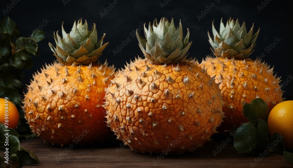 A group of three oranges sits on a wooden table beside a pair of oranges A group of three oranges sits on a wooden table beside a pair of oranges