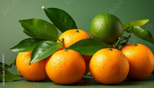   A cluster of oranges arranged atop one another  adorned by green foliage upon the summit of one